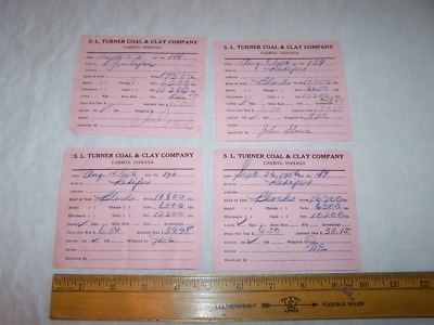 Four 1956 S.L. TURNER COAL & CLAY COMPANY Receipt Stubs CARBON INDIANA
