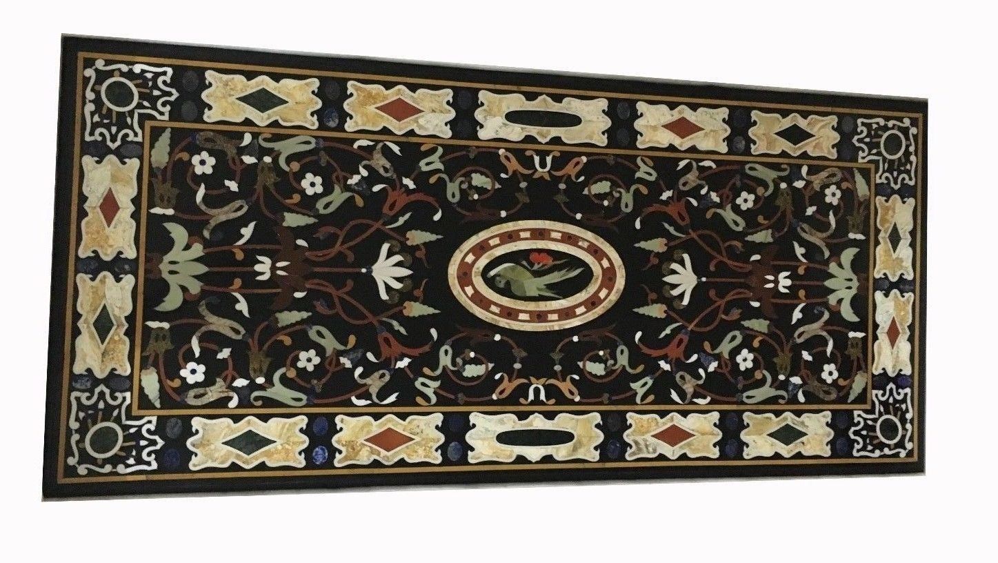 48-Inch Black Marble Table Top with Pietra Dura Semi-Precious Stone Inlay