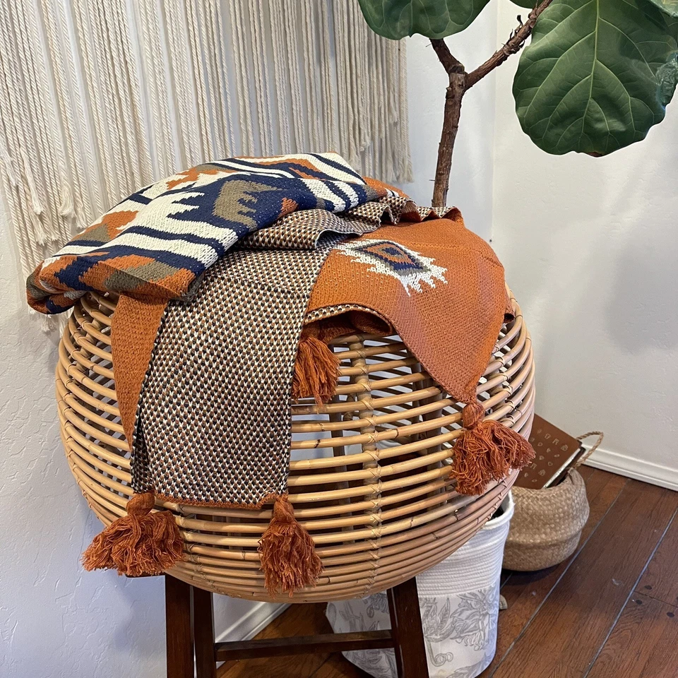 NEW Anthropologie Boho Tassled Geometric Aztec Throw Blanket Bedding - 80" x 60" - Image 2 of 4