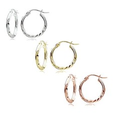 Sterling Silver Tri Color 2x15mm Diamond-Cut Hoop Earrings, Set of 3