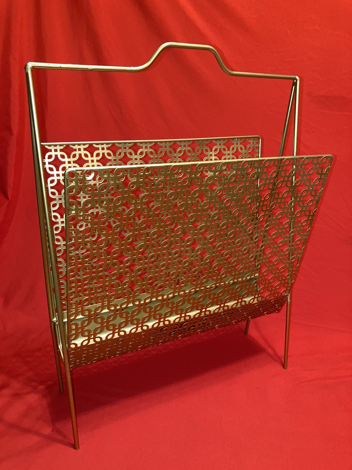 Vintage Mid Century Modern Atomic Gold Mesh Metal Magazine Rack Holder