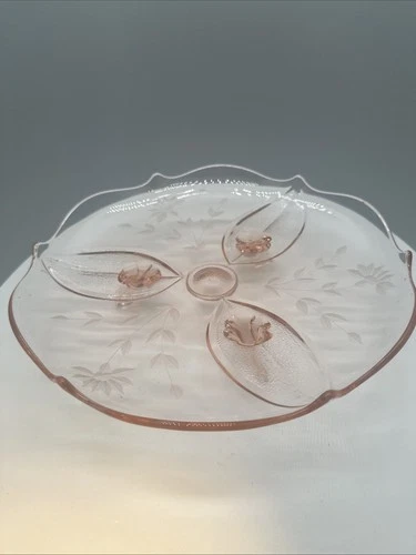 Vintage Lancaster Pink Depression Footed Glass Cake Plate Jubilee Petal USA 10”