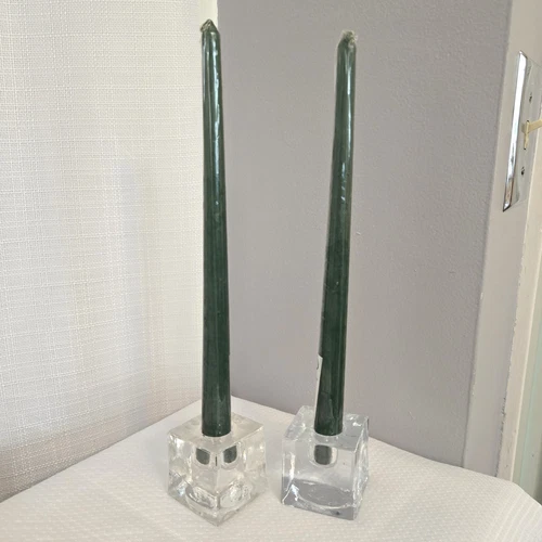 Blenko Block Glass Ice Cube Candlestick Holders Dinner Taper Clear Set Abstract