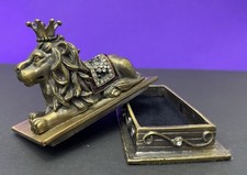 Lion Trinket Box Bronze Tone with Crown and Rhinestone Accents