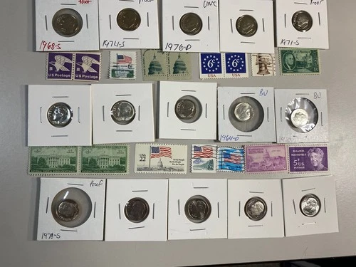 Nice Lot Of Rosevelt Dimes 15 In Total Proof And Uncirculated Along With Stamps