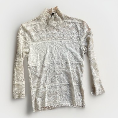 Bebe White Lace Mock Neck Long Sleeve Top Y2K Romantic Sheer Blouse Small