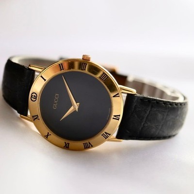 GUCCI 3000.2.M Men's Watch Black Dial Roman Bezel Gold 33mm Quartz Rare From JP