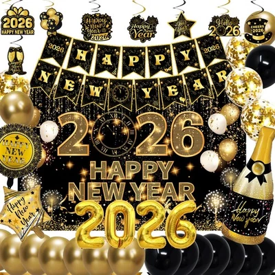 HABDJILTY New Years Eve Party Supplies 2026 with happy New Year Banner,Backdrop,Balloon...