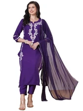 GoSriKi Women's Rayon Viscose Embroidered Straight Kurta with Pant & Dupatta