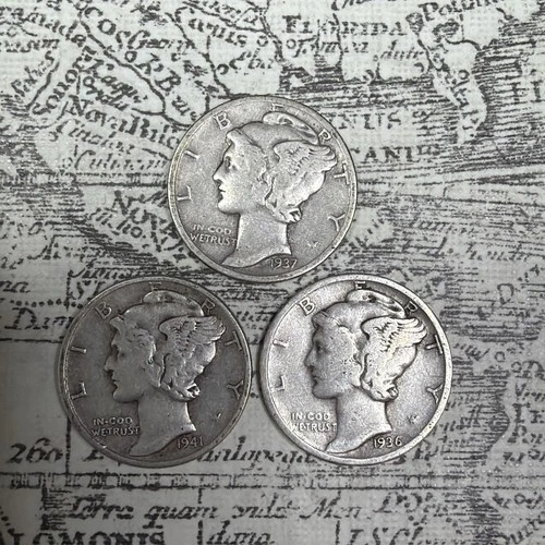 Lot of 3 Mercury Dimes 1937, 1936, 1941 - F-VF EXACT coins pictured -MD17