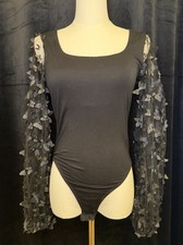 NWT - Black square-neck long-sleeve bodysuit with applique mesh sleeves. Size S