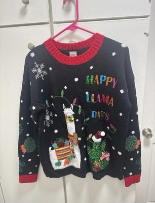 Holiday Time Women s Pullover Sweater Black Red Llama Christmas Crew Neck S 