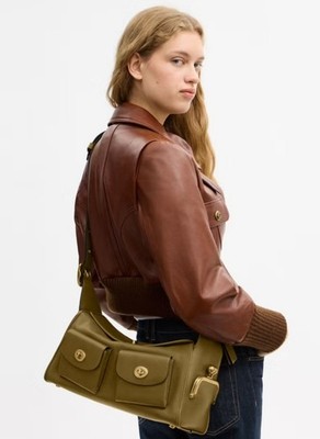 COACH Turnlock Harbor Bag CDZ12 Muted Olive Grain Leather Shoulder
