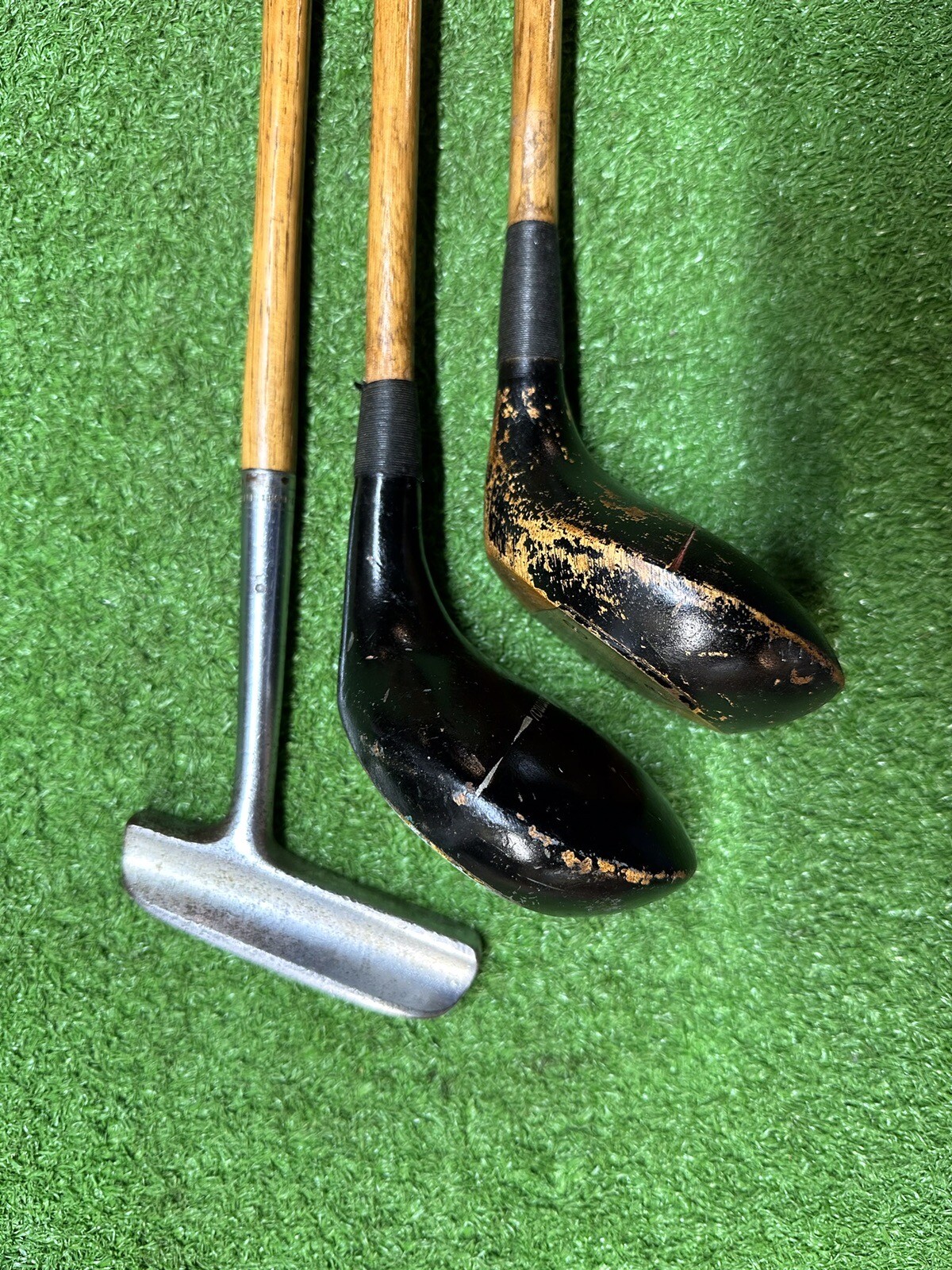 9 Antique hickory wood shaft Golf Clubs and Vintage Stovepipe Golf Bag