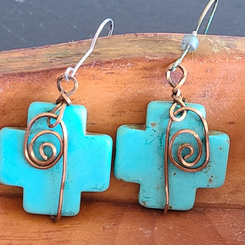Stone Cross Earrings Dangling Turquoise Color Bohemian Western - 第 1/3 張圖片