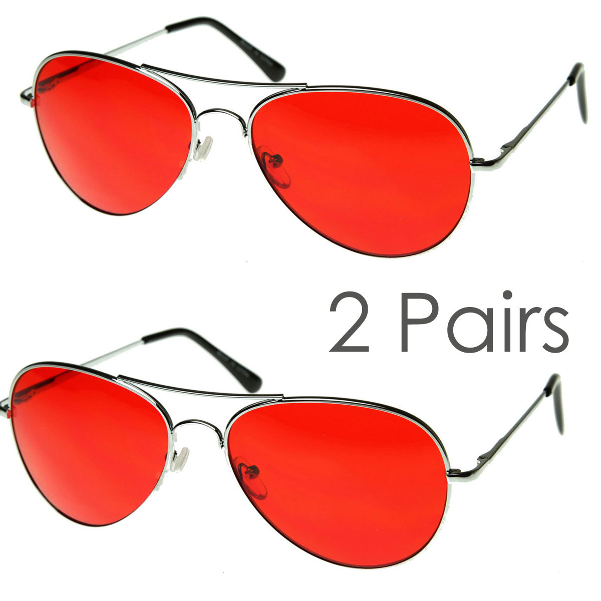2 Pairs Mens Retro Classic Metal Pilot Red Lens UV Sunglasses