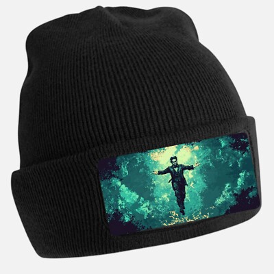Black Beanie Hat with Cool Houdini Pixel Motif - Unisex Cap, Cotton