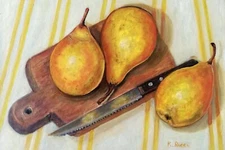 Pears Fruit Painting Original Still Life on Cutting Board Knife Classic Fine Art