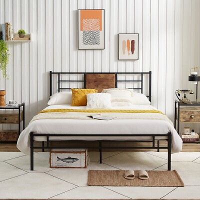 Full And Queen Size Metal Bed Frame w/Wood Headboard Slat Support Platform Bed