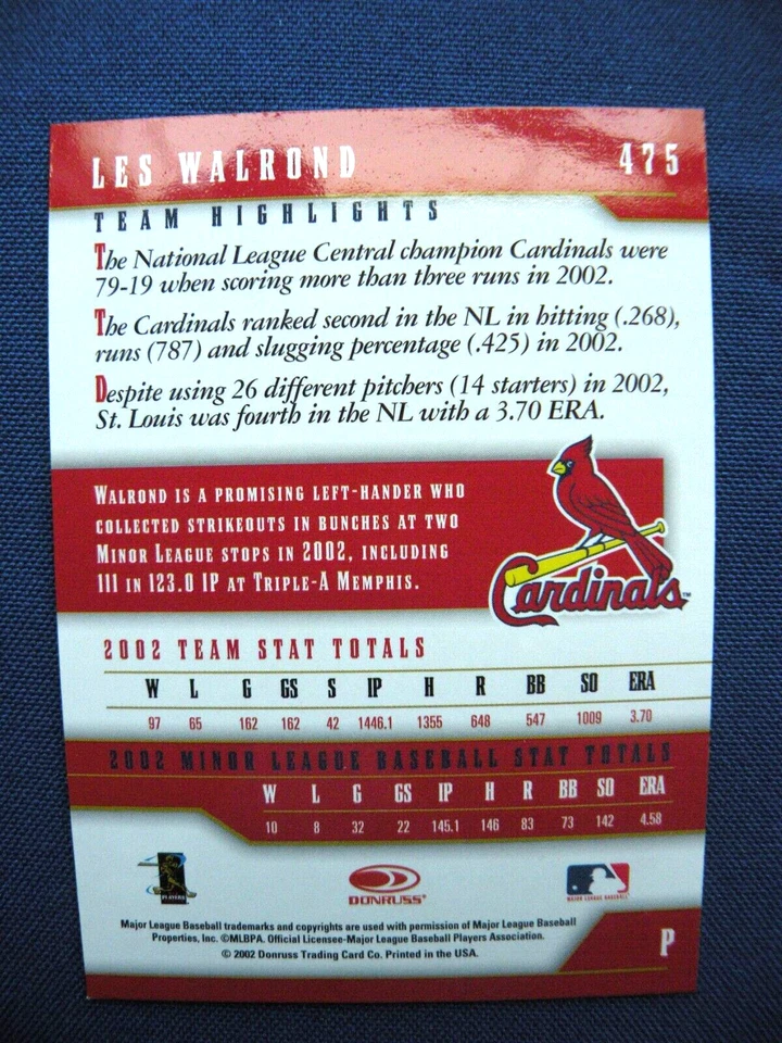 2003 Donruss baseball Team Heroes GLOSSY Les Walrond St. Louis Cardinals #475 - Image 2 of 2