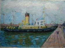 Ukrainian Soviet Oil Painting postimpressionism ship sea berth Seascape 