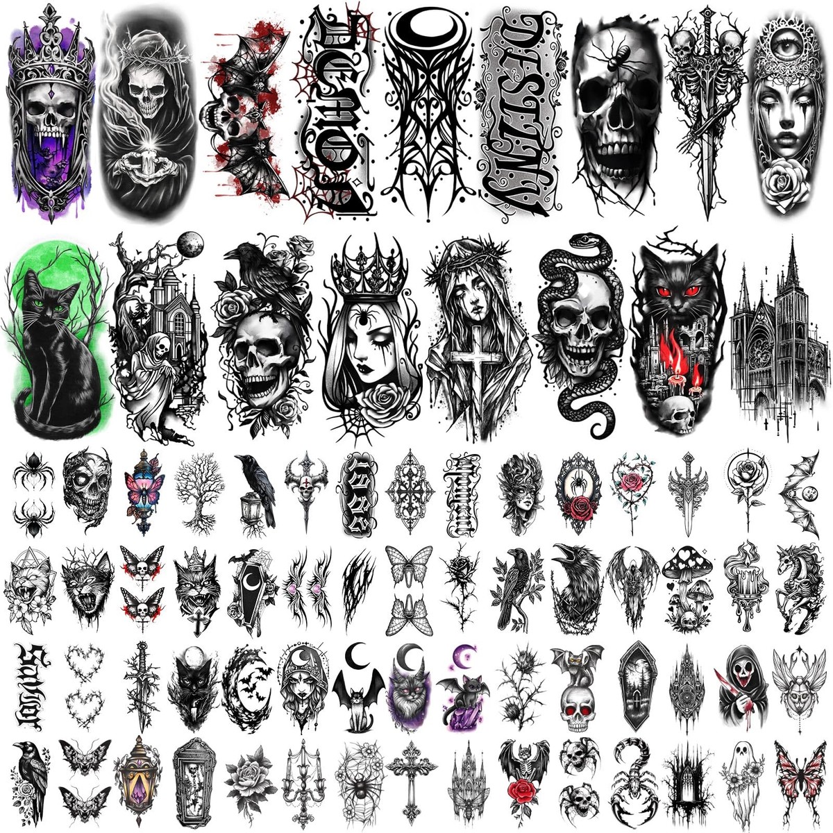 77 Sheets Gothic Temporary Tattoos, Mystery Spider Skull Fake Half