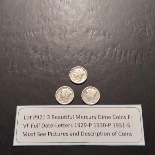 Lot #921 3 Beautiful US Mercury Dimes 1929-P 1930-P 1931-S  F-VF See Pictures