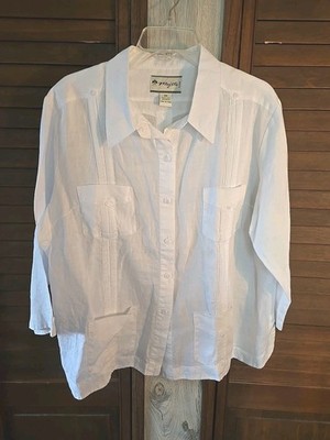 NWOT MOJITO Womens White Button Up Tunic Blouse 100% Linen Long Slv 4 Pkt Sz 3X