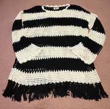 Show Me Your Mumu Paula Fringe Pull Over Cruise Stripe Dress Black White XS