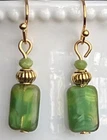 Beautiful Etched Gold and Green Marbled Picasso Glass Bead Dangle Earrings.