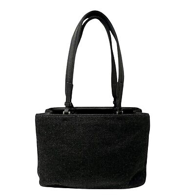 PRADA Vintage Logo Knit Shoulder Bag Tote Zip Black Silver PRADA Vintage Logo Knit Shoulder Bag Tote Zip Black Silver