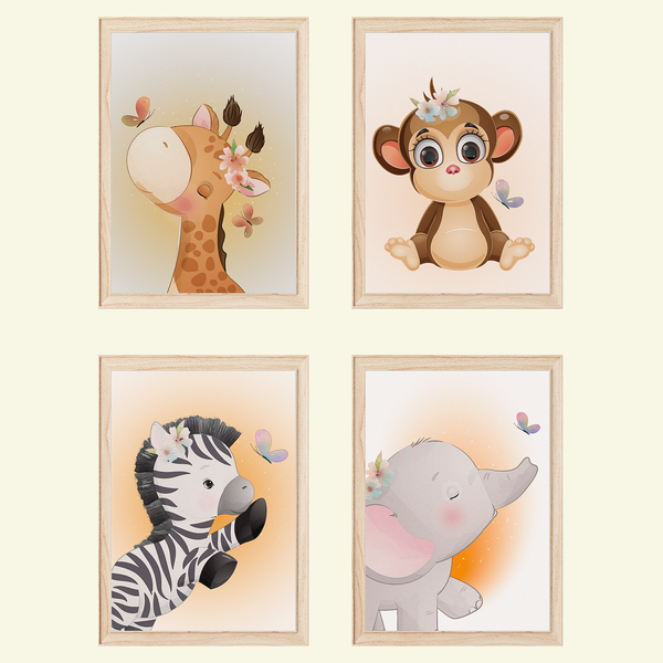 Giraffe Affe Zebra Elefant Safari Tiere Bilder 4Er Set Din A4 Kinderzimmer-image