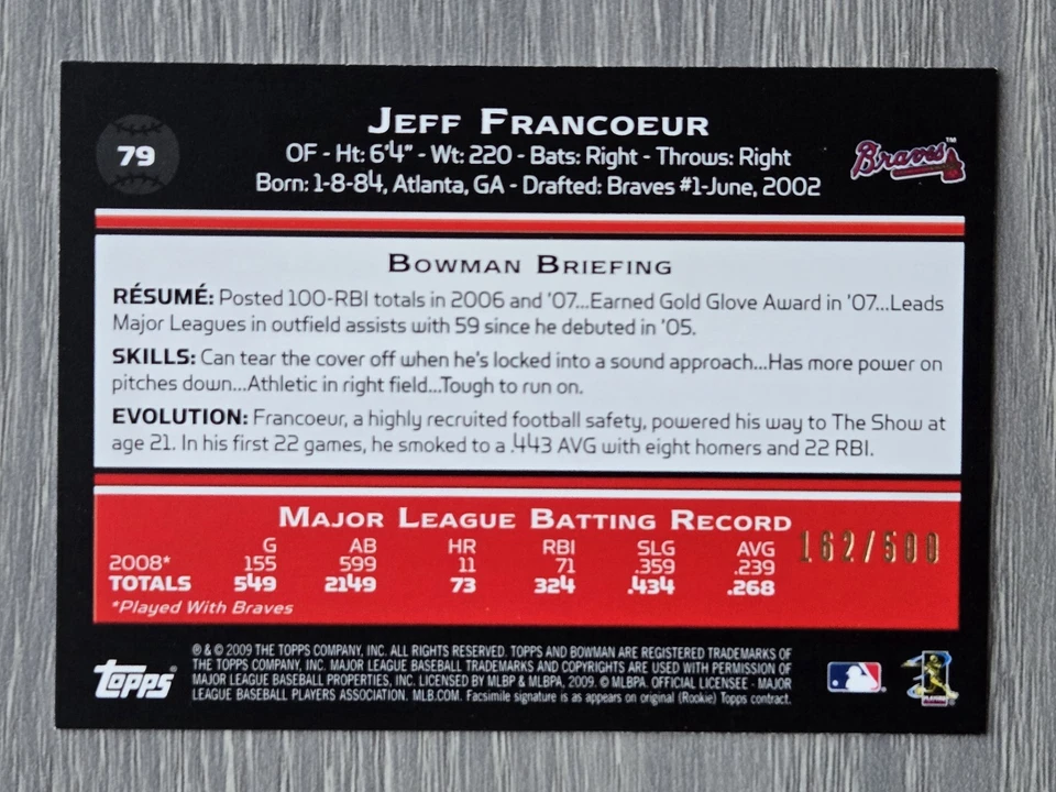 JEFF FRANCOEUR /500 BLUE PARALLEL 2009 BOWMAN BRAVES - Image 2 of 2