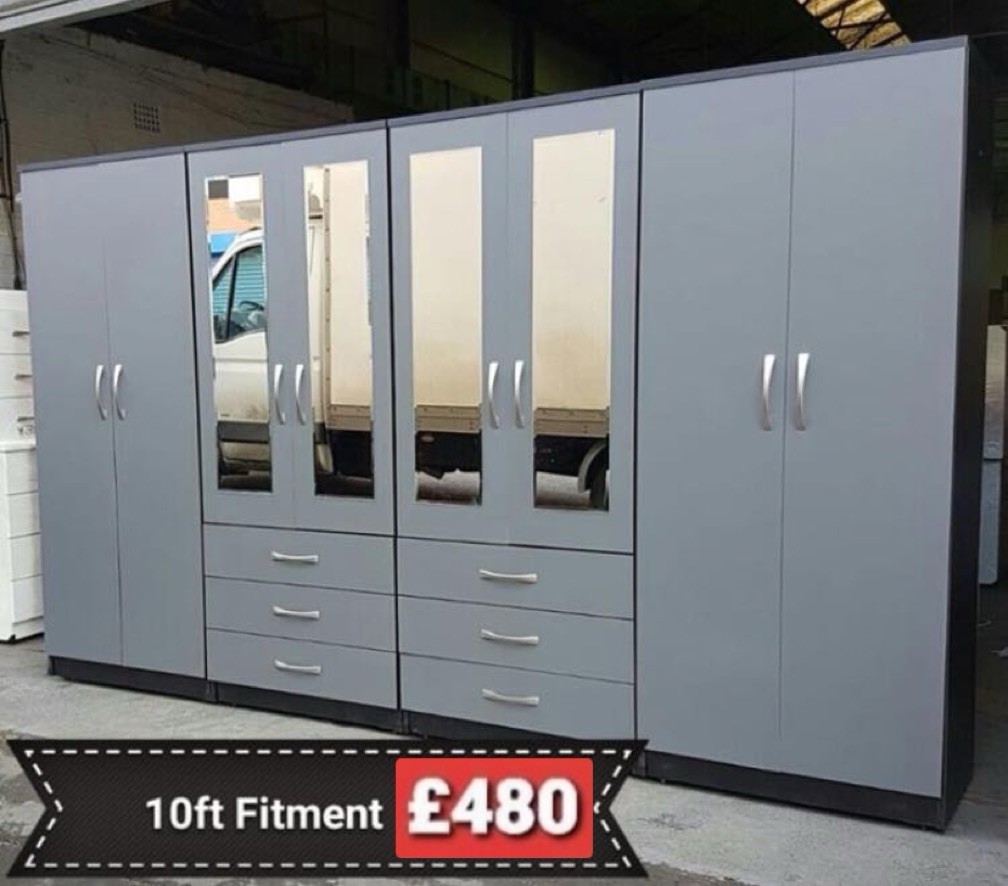 Brand New Ready Assembled 10ft Wide 8 Door Wardrobe Fitment With Mirrors/Drawers