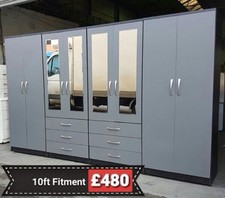 Brand New Ready Assembled 10ft Wide 8 Door Wardrobe Fitment With Mirrors/Drawers