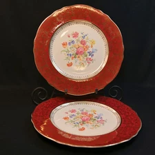 Steubenville 2 Dinner Plates 10 7/8" Red Floral #2032 w/Gold Filigree 1931-1959