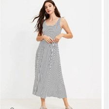 Loft Striped Tie Waist MIDI Dress Scoop Neck Women S White/Black