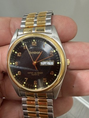 Vintage Armitron Quartz Day Date Watch Black Dial Two Tone Stretch Band