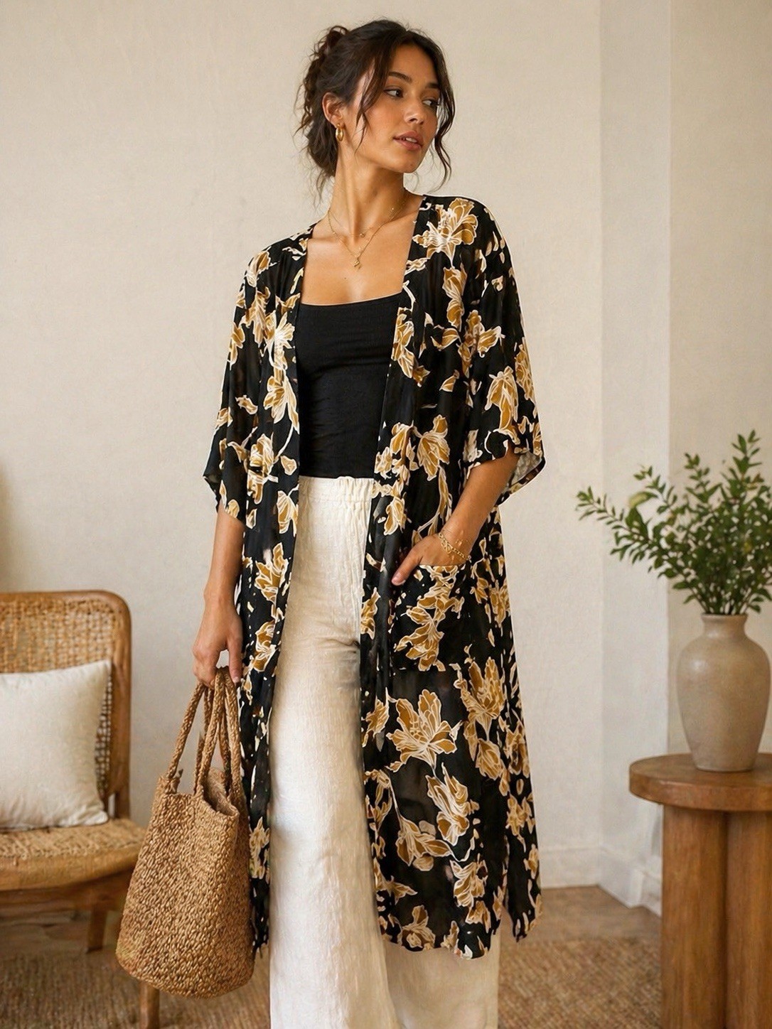 Maison du Soir Floral Kimono Robe - Black & Gold … - image 1