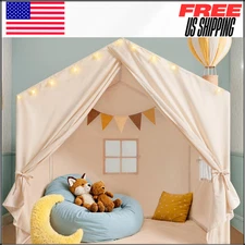 Play Tent with Star Lights, 2 Windows, Playhouse, Reading Nook, 52x35x51", Cream