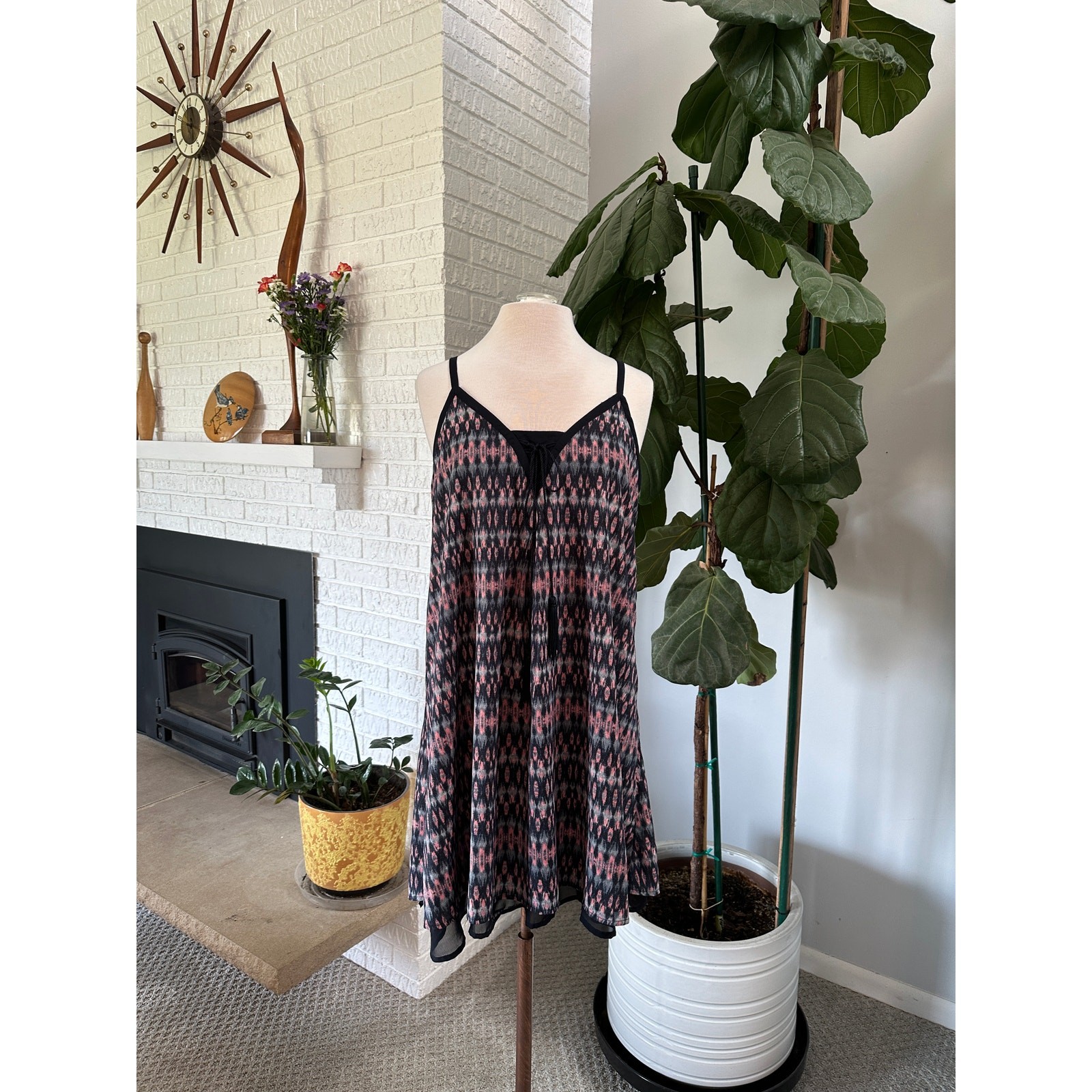 Dex L Women Spaghetti Strap Mini Dress Swing Boho Festival Lined Tie Front