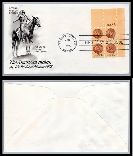 US FDC # 1734 13c Indian Head Penny  ArtCraft Plate Block 38358 UR 1978, 9Q140