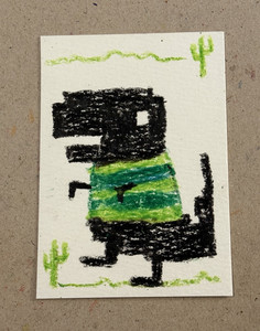 “404 Green Sweater” Retro Dinosaur Geek Nerd Drawing OOAK Paper ACEO 2.5”x3.5”