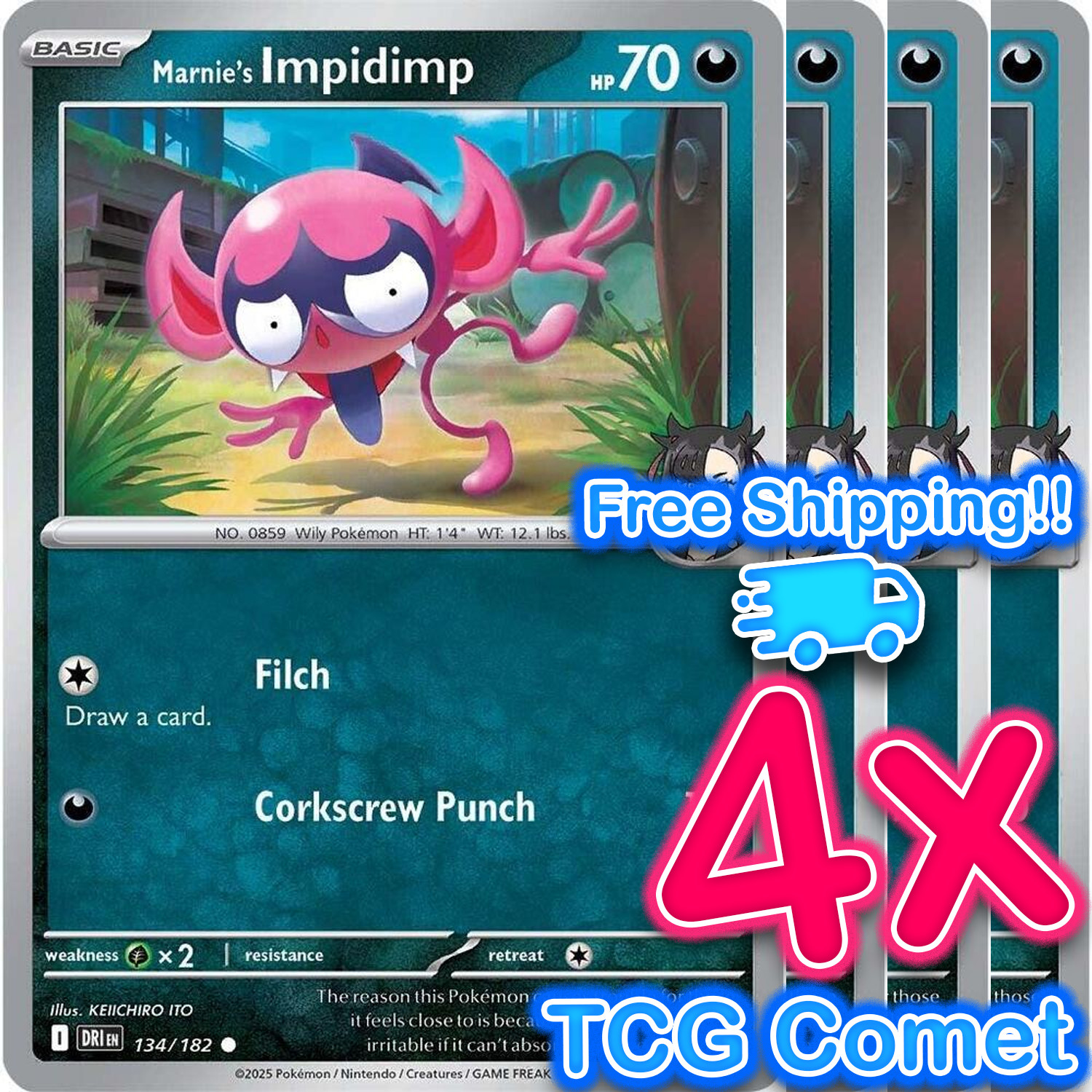 [4x Playset] Marnie's Impidimp 134/182 SV10: Destined Rivals (DRI) Pokemon TCG