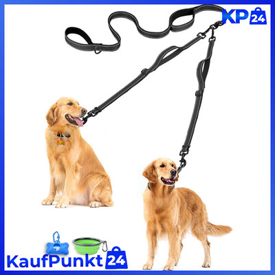 Doppelleine für 2 Hunde Verstellbar Reflektierend Schwarz 2in1