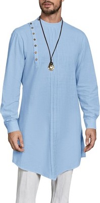 Men's Long Sleeve Cotton Linen Kaftan Robe Casual Muslim Thobe with Button