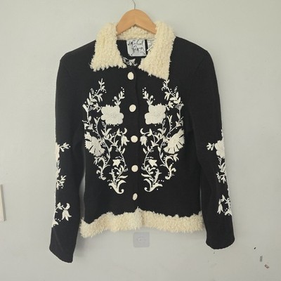 Vtg Michael Simon Cardigan Women's M Black Floral Embroidered Beaded *read Flaw