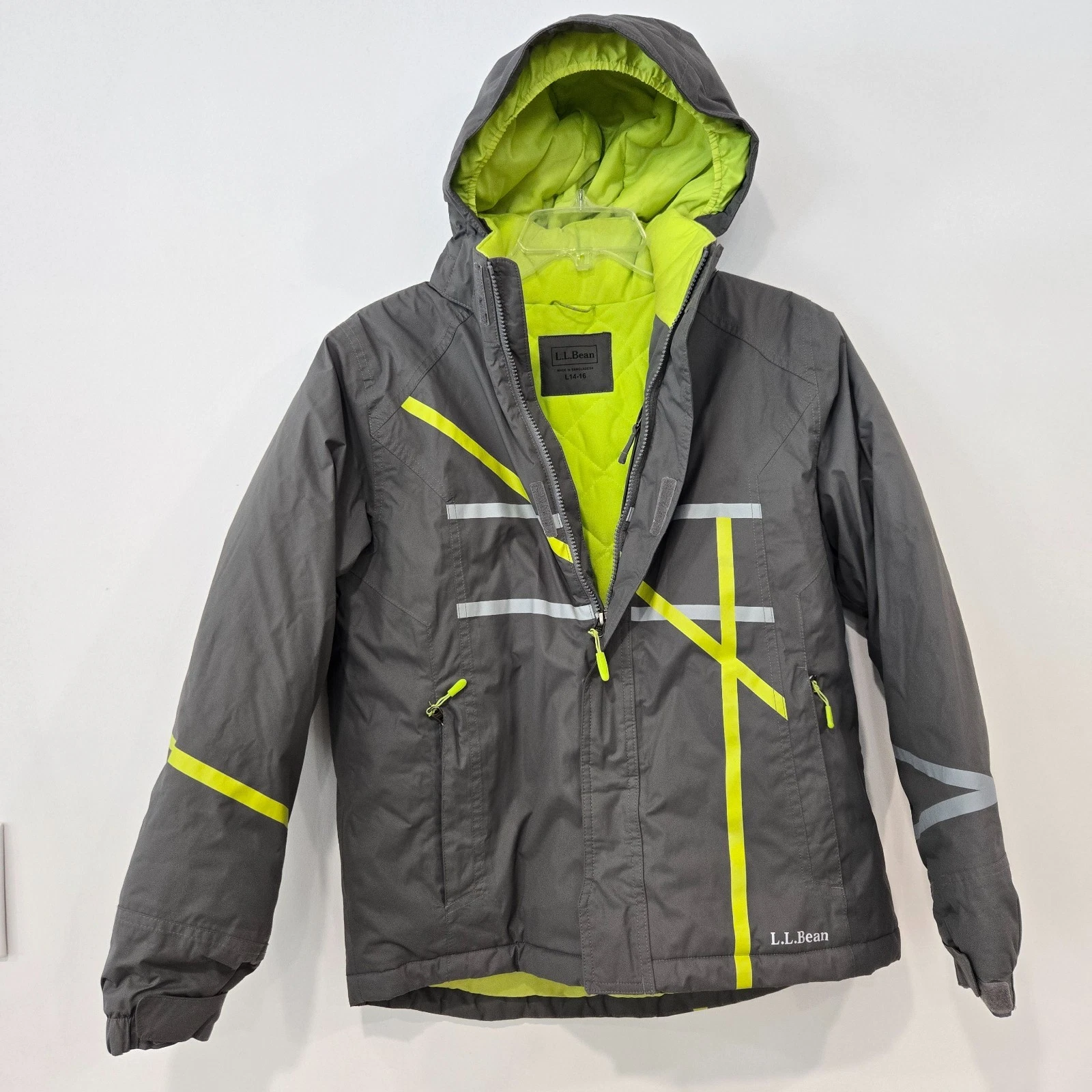 LL Bean Winter Jacket Boys Size L 14-16 Thinsulate Hooded Gray Neon Accents EUC