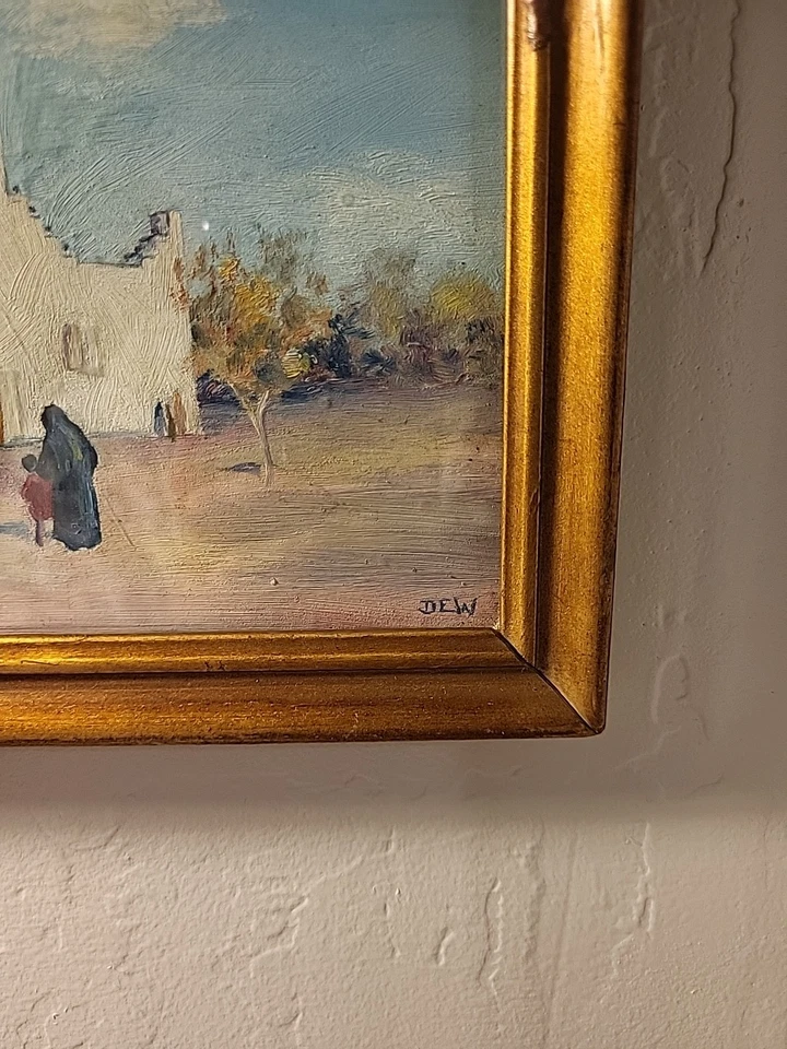 Pintura al óleo original vintage enmarcada de una iglesia estilo Santa Fe casi nuevo, firmada rocío Foto 3 de 4