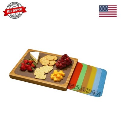Bamboo  Wood Cutting Board Serving Tray w/ 7 Color-Coded BPA-Free Mats, for C...